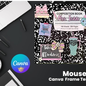 May include: A black and white composition notebook mouse pad with a pink apple, a blue and white cup, and a pink bow. The text on the mouse pad reads "Composition Book Mrs. Isaac 100 Sheets 200 Pages" and "Take Attendance".