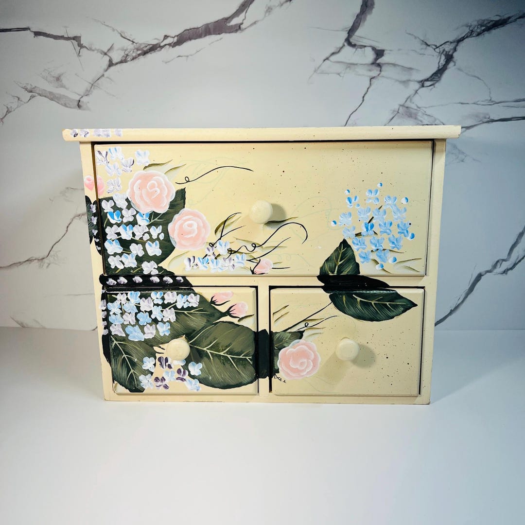Hand-painted Wooden Tissue Box, Floral Care Box Organizer, Vintage ...