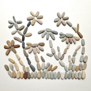 Peut inclure: Une composition florale réalisée avec de petites pierres lisses dans des tons de gris, brun et blanc. Les pierres sont disposées en forme de fleurs avec des tiges.
