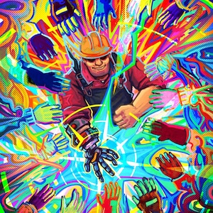 May include: A digital illustration of a cartoon character wearing a hard hat and red shirt, surrounded by colorful hands reaching towards the character's outstretched robotic arm.