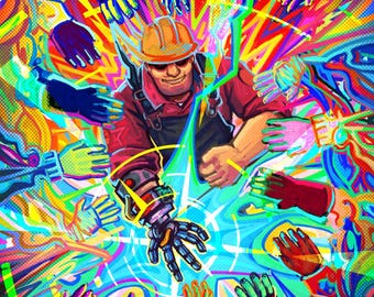 Op de afbeelding: Een digitale illustratie van een cartoonfiguur met een harde hoed en een rood shirt, omringd door kleurrijke handen die naar de uitgestrekte robotarm van het figuur reiken.