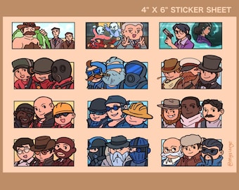 Op de afbeelding: Een stickervel met afmetingen van 4" x 6" met cartoonillustraties van personages uit de videogame Team Fortress 2. De personages zijn gerangschikt in groepen van drie, waarbij elke groep een andere klasse uit het spel vertegenwoordigt. Het stickervel is gedrukt op wit papier met een lichtbruine achtergrond.