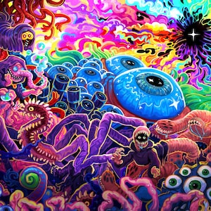 May include: A vibrant, psychedelic digital illustration featuring a chaotic scene of multiple large blue eyes, tentacled creatures, and hooded figures. The composition is filled with swirling neon colors, including pink, purple, green, and yellow, creating a dense, surreal landscape of organic shapes and abstract patterns.