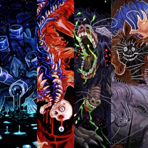 May include: A series of four vertical illustrations featuring grotesque creatures and abstract forms. The artwork uses a dark color palette with accents of red, blue, and green, creating a horror or fantasy theme. The images are detailed and stylized.