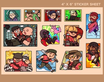 Op de afbeelding: Een stickerblad met 12 cartoonfiguren uit de videogame Team Fortress 2. De personages worden afgebeeld in verschillende poses en uitdrukkingen, waaronder een Scout met een honkbalknuppel, een Demoman met een granaatwerper en een Medic met een spuitpistool. Het stickerblad is 10,16 cm bij 15,24 cm.