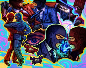 Op de afbeelding: Een digitale illustratie van twee paren mannen in pak. Het ene paar is in rood en blauw pak en danst. Het andere paar is in blauw pak en rookt een sigaret. De achtergrond is een psychedelisch patroon met een groot oog en krabben.