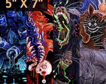 May include: A set of four vertical art prints measuring 5 inches by 7 inches. The prints feature dark, surreal illustrations including a blue liquid scene, a red skeletal figure, a black creature with green slime, and a brown horned entity.