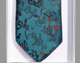 Green Orient- Green and Black Neck Tie and Pocket Square combo, Asian Style . Gifts for Dad Necktie and Handkerchief