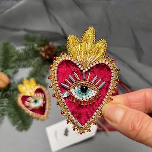 Sacred heart brooch, Evil Eye earrings, red heart pin, love pin, Sailor Moon heart, Evil eye jewelry, valentines gift, evil eye pin