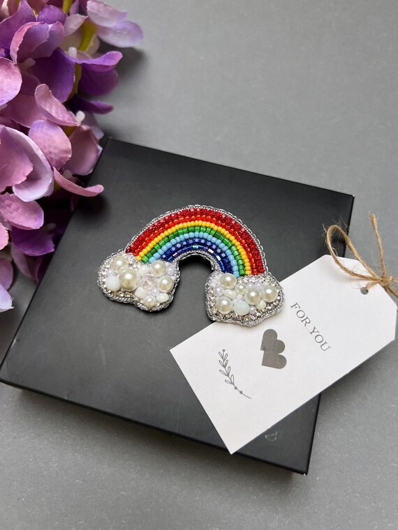 Buy Rainbow Brooch, Rainbow With Clouds, Beaded Patch, LGBT 