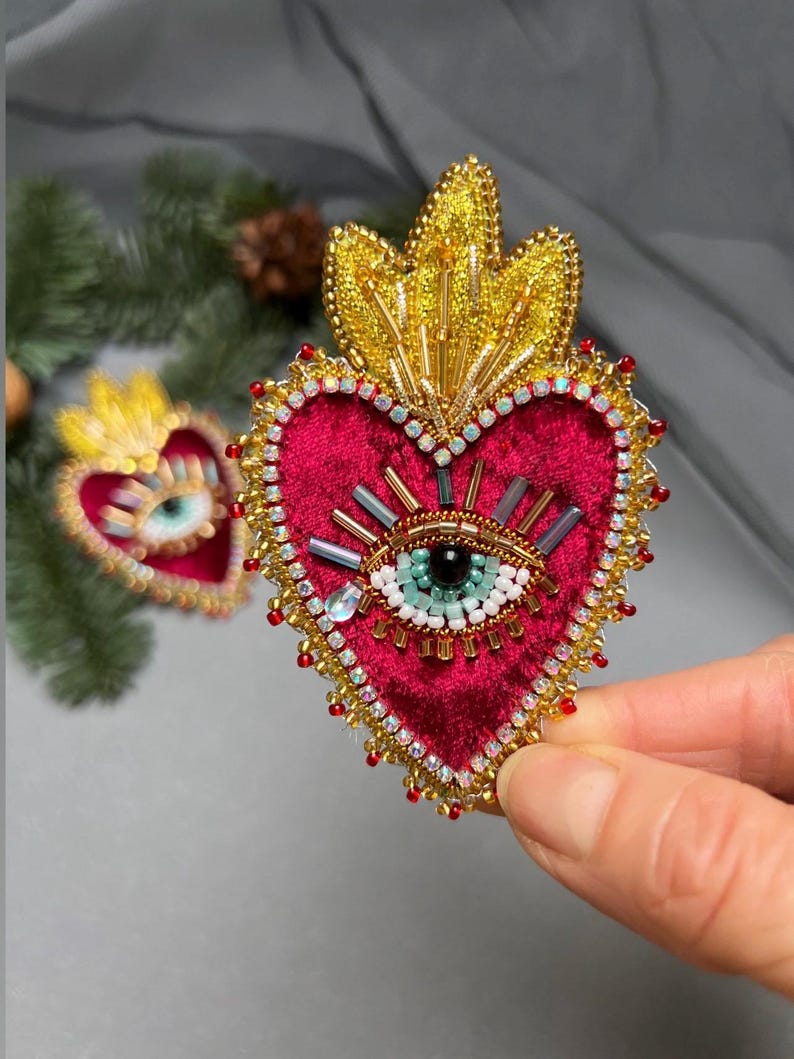 Sacred heart brooch, Evil Eye earrings, red heart pin, Sailor Moon heart, Evil eye jewelry, valentines gift, evil eye pin, Christmas gift