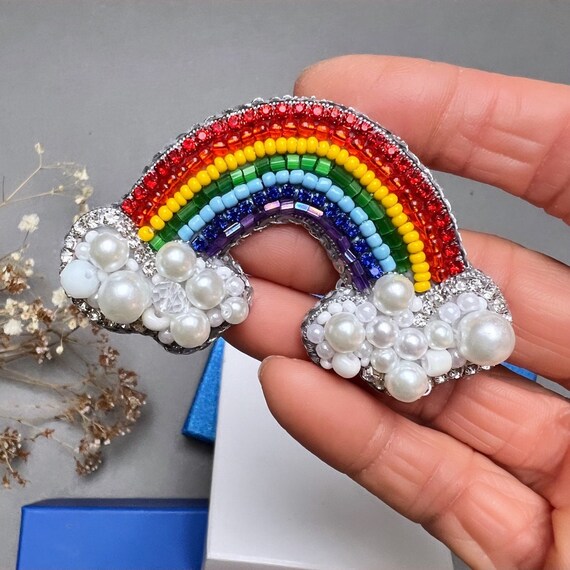 Buy Rainbow Brooch, Rainbow With Clouds, Beaded Patch, LGBT 