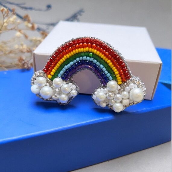Buy Rainbow Brooch, Rainbow With Clouds, Beaded Patch, LGBT 