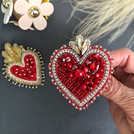 Sacred Heart Embroidery Brooch Red Heart Brooch Love Pin