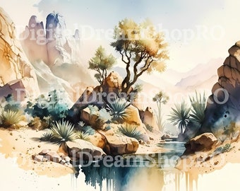 Wasteland Landscape with River, Tree, and Rocks - Digital Watercolor Painting Download