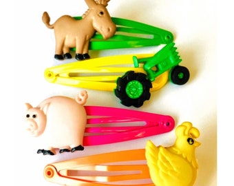 Farm Animal Hair Clips: Tractor, Pig, Donkey, Chicken - Set of 4