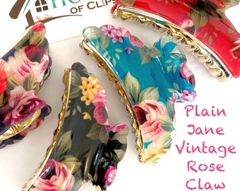 Pinza para el pelo con rosas vintage: pinza grande de resina con diseño floral