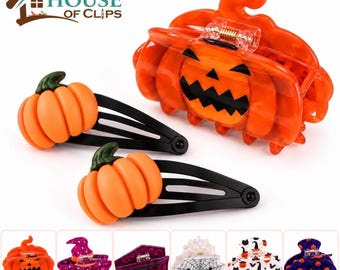 Pick Your Halloween Claw Clip and Pumpkin Hair Clips Set | Cute Spooky Hair Accessories | Witch, Pumpkin, Spiderweb & Coffin Clips