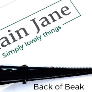 May include: A black hair clip with a beak-like design. The clip is glossy and has a textured interior for grip. The image includes the text "Plain Jane Simply lovely things" and "Back of Beak".
