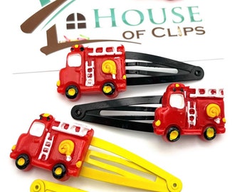 Fire Engine Hair Clips x2 - Boys and Girls Hair Snap Clips- Emergency Response Vehicle  Barrettes - Gift For Boys - Gift For Nephew