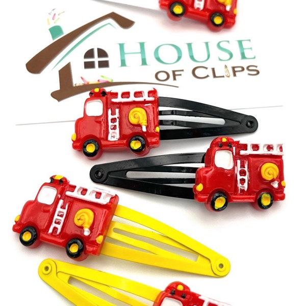 Fire Engine Hair Clips x2 - Boys and Girls Hair Snap Clips- Emergency Response Vehicle  Barrettes - Gift For Boys - Gift For Nephew