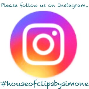 K&ouml;nnte beinhalten: Ein farbenfrohes Instagram-Logo mit dem Text "Please follow us on Instagram... #houseofclipsbysimone"