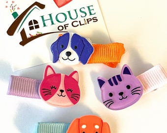 Tiny Tails x4 Clip Set-Animal Hair Clips for Babies & Toddlers – Cat and Dog Croc Clips – Cute Pet Snap Clips – 4cm Ribbon Covered Barrettes