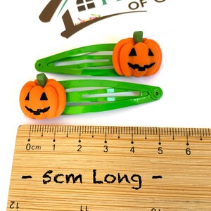 Op de afbeelding: Twee groene haarclips met oranje pompoen-vormige bedels. De pompoenen hebben zwarte ogen, een neus en een glimlachende mond. De clips zijn 5 cm lang.