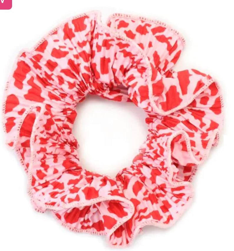 May include: A pink and red scrunchie with a leopard print pattern. The scrunchie is made of fabric and has a ruffled edge.