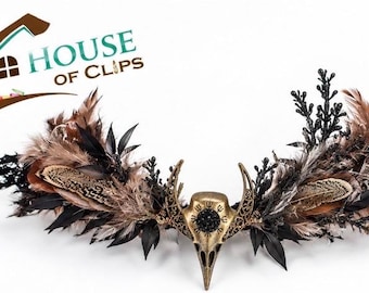Gothic Feather Headpiece | Black & Bronze Bird Skull Headdress | Goth Hair Crown | Woodland Fantasy Headband | Halloween Hair Accessory