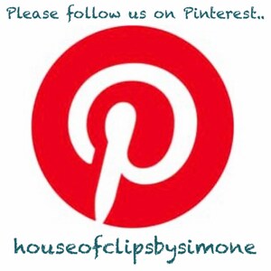 May include: Red circle with a white Pinterest logo, the letter "P" with a pin on top, and the text "houseofclipsbysimone" below. Please follow us on Pinterest.