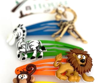 Animal Hair Clips: Lion, Zebra, Monkey, Giraffe - Set of 4