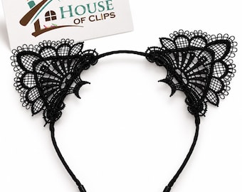 Black Lace Cat Ear Headband | Gothic Hair Accessory | Halloween Cat Ears | Lace Kitty Ears | Women & Girls Costume Headband