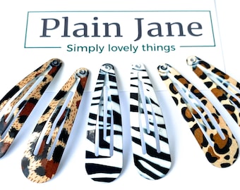 Animal Print Snap Hair Clips: Leopard, Zebra, Cheetah - Set of 6