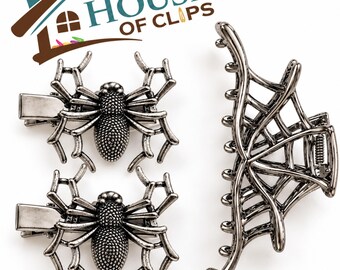 Silver Spider Hair Clips & Spider Web Claw Clip | Halloween Hair Accessories | Spooky Hair Clips | Gothic Goth Alternative Gift