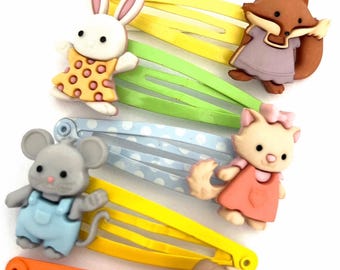 Cute Woodland Friends Hair Clips Set – Bunny, Fox, Mouse, Puppy & Kitty Snap Clips, Colourful Kids Hair Accessories, Eco Friendly Gift