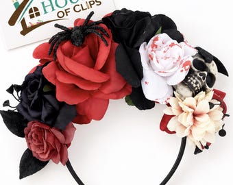 Gothic Halloween Headband, Red & Black Rose Flower Crown, Skull Spider Bat Hairband, Halloween Costume Hair Accessory for Women