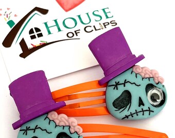 Happy Zombie Hair Clips, Set of 2 Halloween Barrettes, Spooky Cute Hair Accessories, Goth Girl Hair Clips, Zombie Hair, Halloween Hair Clips