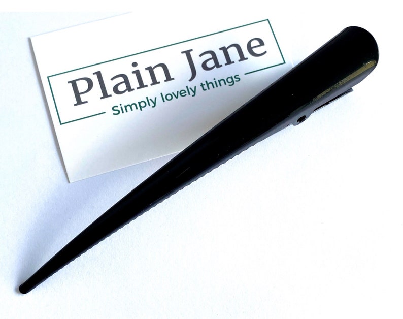 May include: A black, pointed hair clip with a wide, rounded top and a hinged clip. The clip is positioned next to a white card with the text "Plain Jane" and "Simply lovely things" in a green border.