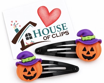 Pumpkin Witch Hat Hair Clips – Halloween Hair Clips – Jack O Lantern Barrettes – Spooky Hair Accessories – Girls Halloween Clips – Set of 2