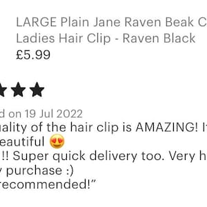 May include: A black hair clip with the text "Plain Jane" and the words "LARGE Plain Jane Raven Beak Clip - Ladies Hair Clip - Raven Black". The image also includes a customer review with five stars.