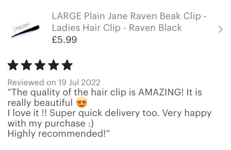 May include: A black hair clip with the text "Plain Jane" and the words "LARGE Plain Jane Raven Beak Clip - Ladies Hair Clip - Raven Black". The image also includes a customer review with five stars.