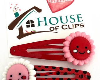 Red Flower Hair Clips x2, Cute Daisy Snap Clips, Girls Hair Accessories, Handmade Hair Slides, Toddler Clips, Gift for Her