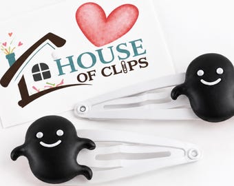 Black Ghost Hair Clips – Cute Halloween Hair Clips – Spooky Ghost Hair Slides – White Snap Clips – Girls Halloween Accessories – Set of 2