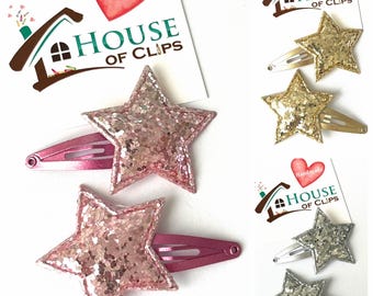 Glitter Star Hair Clips – Handmade Snap Clips – 3.5cm Padded Star Barrettes – Girls Sparkly Hair Accessories – Party & Gift Clips