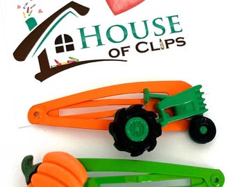 Handmade Autumn Hair Clips x2, Pumpkin Tractor Set, Fall Hair Accessories, Eco Friendly Gift Packaging, Farm Hair Clips, Seasonal Clips Kids