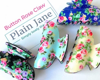 Button Rose Hair Claw: Floral Print Resin Hair Clip (7cm)
