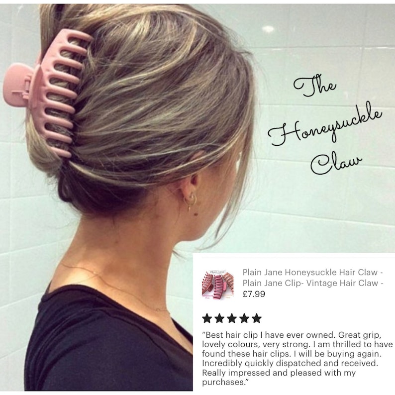 Puede incluir: Una pinza para el pelo de pl&aacute;stico rosa con un dise&ntilde;o grande y curvo. La pinza se llama "The Honeysuckle Claw" y cuesta 7,99 &euro;. Una rese&ntilde;a de un cliente dice: "La mejor pinza para el pelo que he tenido. Gran agarre, colores preciosos, muy fuerte. Estoy encantada de haber encontrado estas pinzas para el pelo. Volver&eacute; a comprarlas. Se enviaron y recibieron incre&iacute;blemente r&aacute;pido. Realmente impresionada y contenta con mis compras."