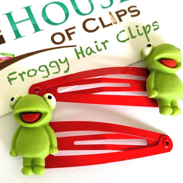 Froggy Hair Clips x2 - Frog Non Slip Barrettes - Great Gift For Girls - Green Cute Frog Hair Slides - Little Gift Idea - Pigtail Hair Clips