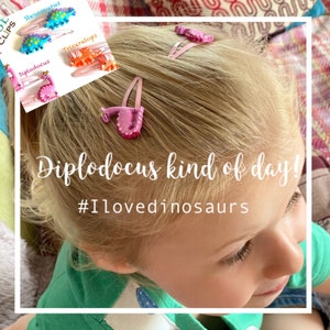 May include: Two pink hair clips featuring glittery pink Diplodocus dinosaur charms. The image includes text that reads Diplodocus kind of day! and #Ilovedinosaurs, along with an inset showing Stegosaurus, Triceratops, and Diplodocus clips.